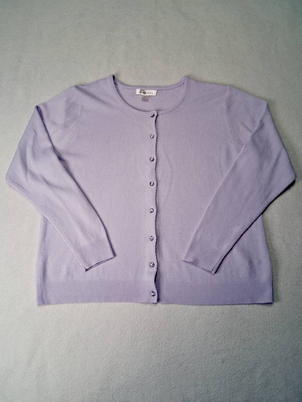 Young Lady Classic Lavender Crewneck Button-Front Cardigan Sweater